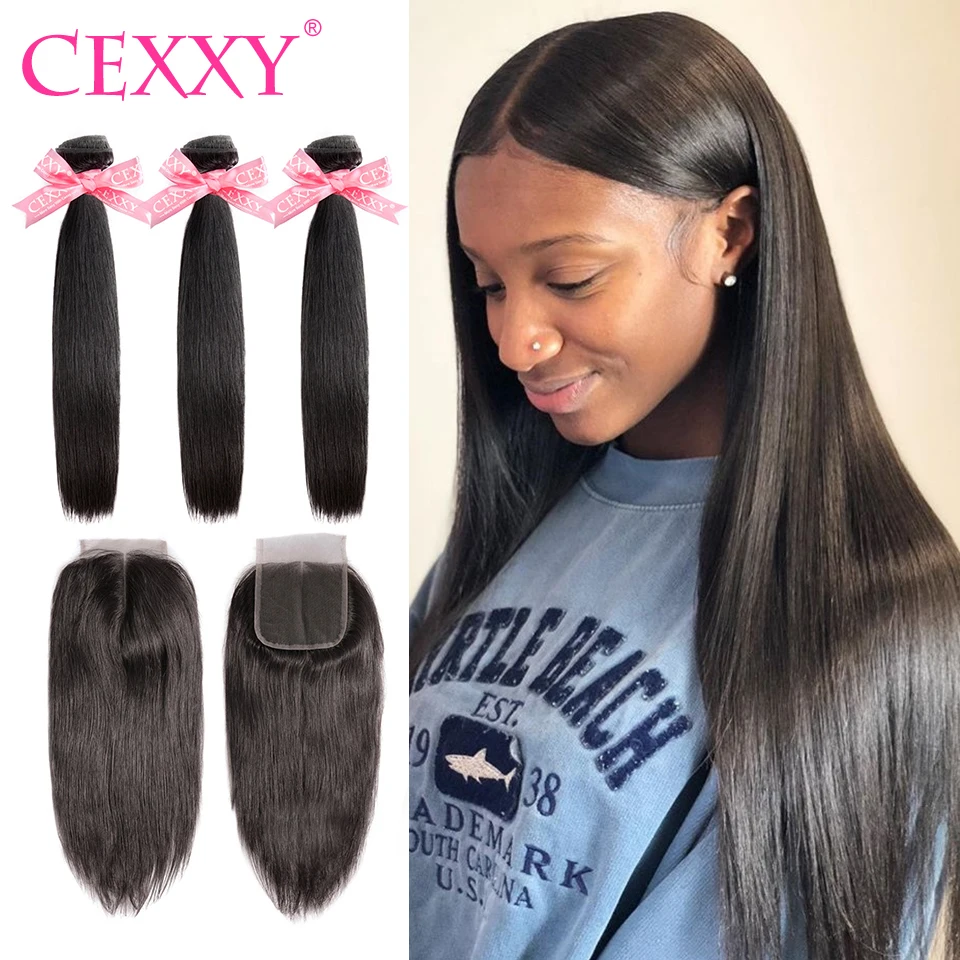 Cexxy-mechones de pelo liso con cierre extensiones de cabello humano brasileño, extensiones de pelo ondulado mechones, cabello Remy de 30 pulgadas, mechones