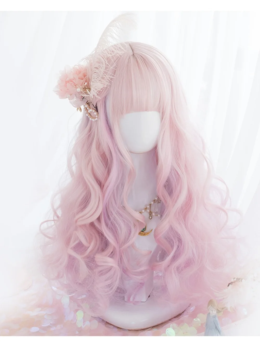 Косплей салон H762472 Лолита 50 см длинные кудрявые розовый смешанный Фиолетовый Бахрома челка милые вечерние синтетические волосы косплей парик