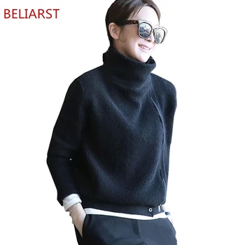 

BELIARST 18 New Cashmere Sweater Women Short Straight Solid Color Zipper Long Sleeve Sweater Coat Spring High Collar Cardigan