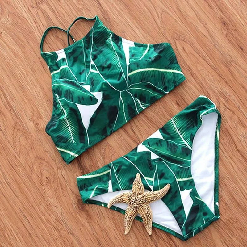 2016-Sexy-High-Neck-Bikini-Swimwear-Women-Swimsuit-Brazilian-Bikini-Set-Green-Halter-Top-Retro-Print (2)