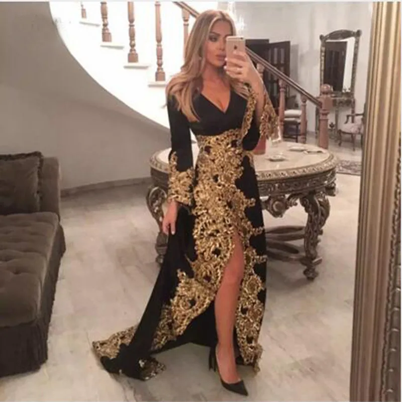 

Stunning Luxury Gold Lace Evening Party Dresses Sexy Deep V-neck Full Sleeves High Slit Long Formal Prom Gown Robe De Soiree