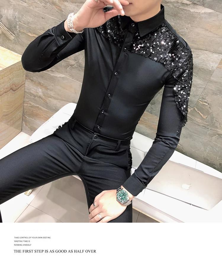 Brand Slim Fit Men Shirt Korean Fashion Paillette Shirt Long Sleeve Casual Shirts Night Club Party Prom Dress Shirt camisa