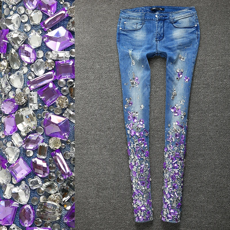 Женские фиолетовые стразы, джинсы с блестками, джинсы-карандаш с кристаллами, джинсы-скинни размера плюс 25-30