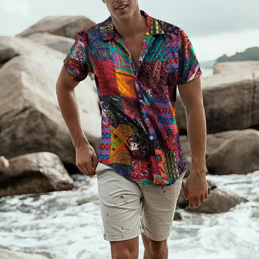 mens floral printing ethnic style cotton shirts short sleeve loose casual shirt tops