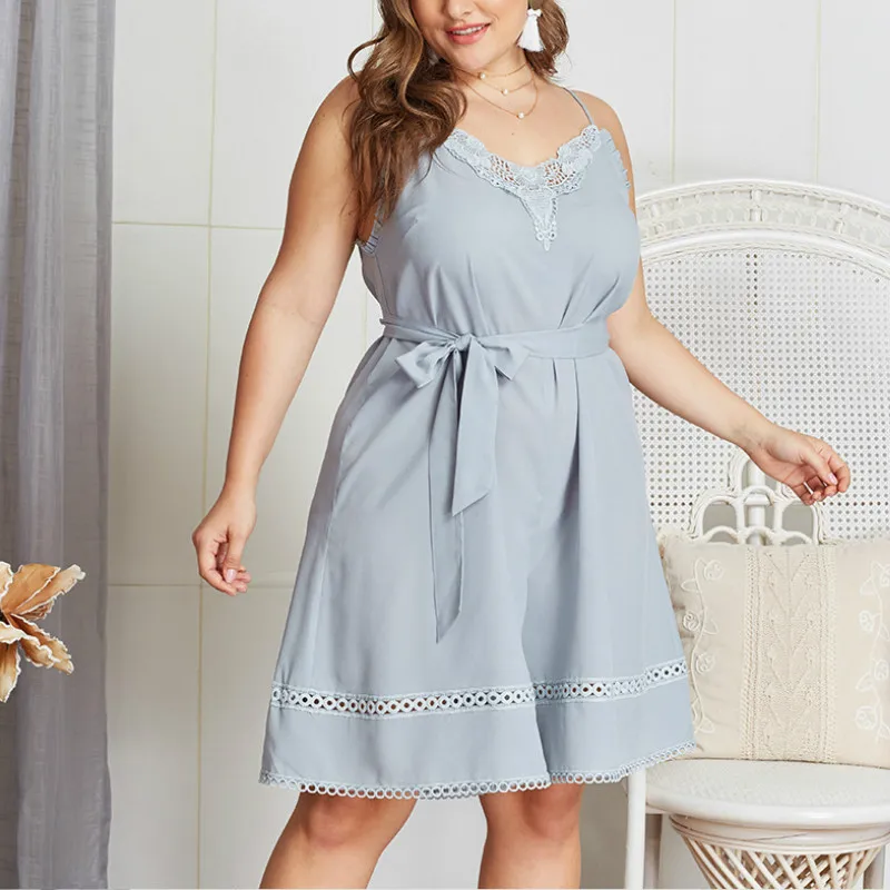 

Women Summer Plus Size Playsuits Rompers Female Solid Lace Hollow Out Short Jumpsuits Big Size Overalls Woman Oversized A050
