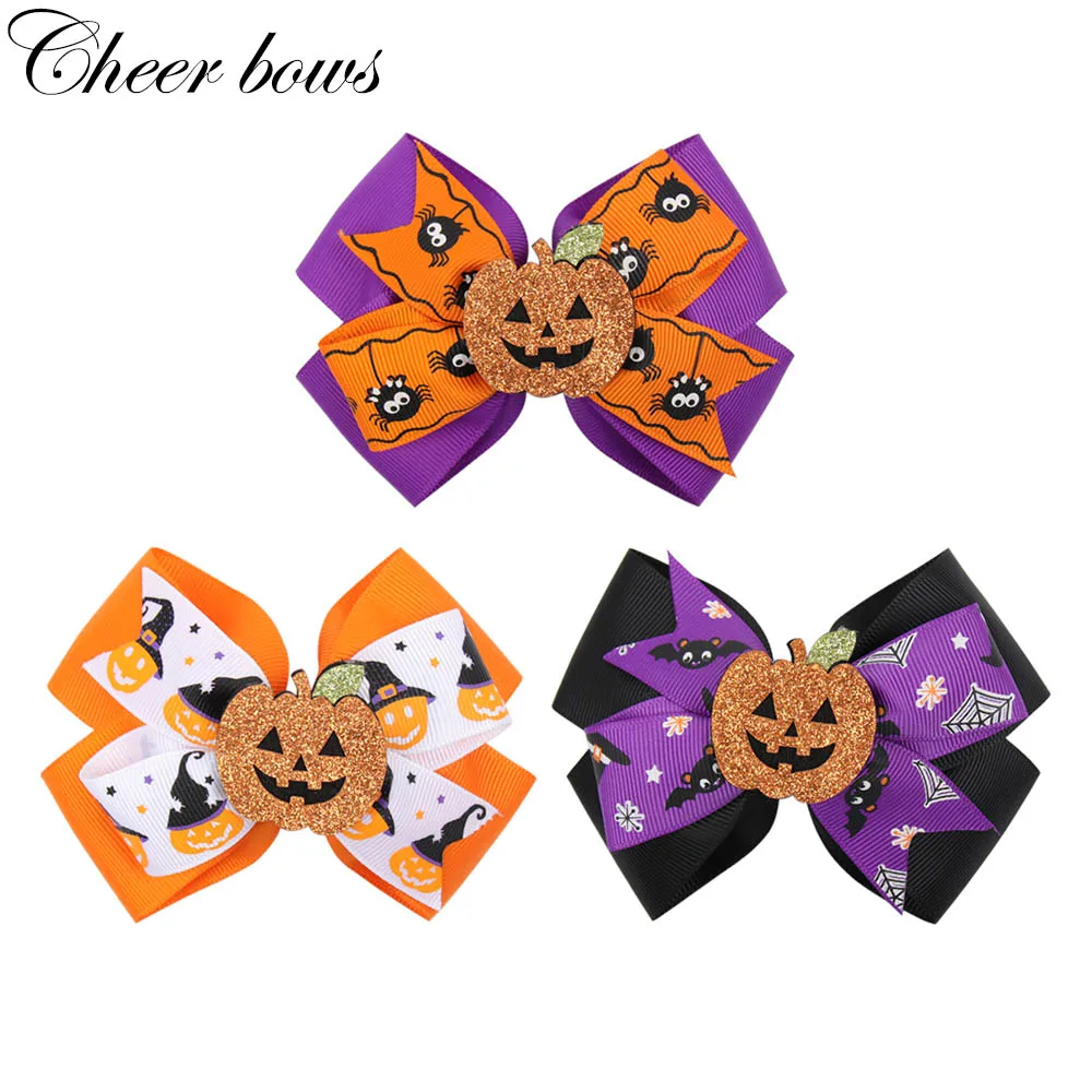 

4.5" Halloween Hair Bows Kids Handmade Pumpkin Hairgrip Grosgrain Ribbon Bowknot Hair Clip Party Hair Accessories