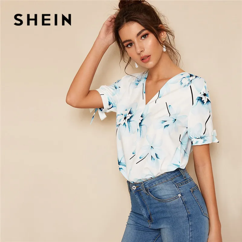 

SHEIN Floral Print Knot Cuff V-Neck White Blouse Women Clothes 2019 Summer Casual Short Sleeve Ladies Top Womens Tops and Blouse