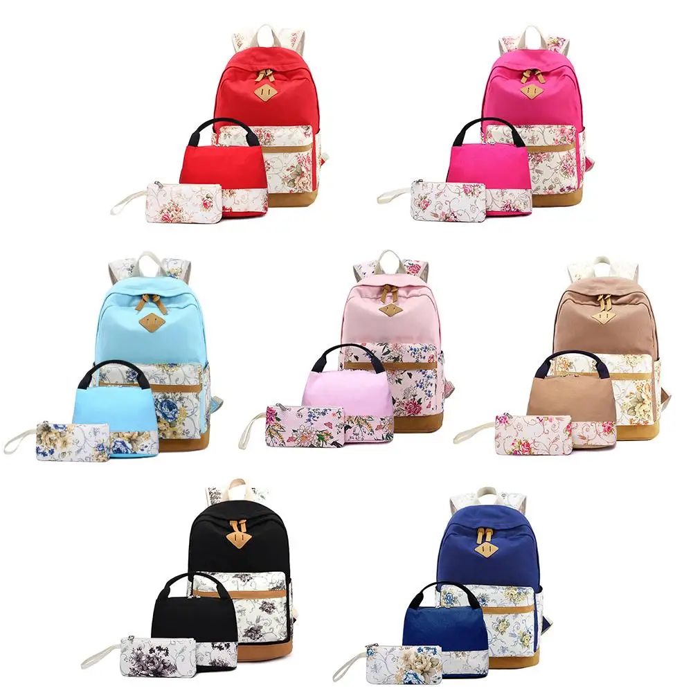 

3PCS A Set Rural Style Canvas Schoolbag Girls Back Fashion Simple Flower Print Schoolbags School Student teenager Case Bags Pack