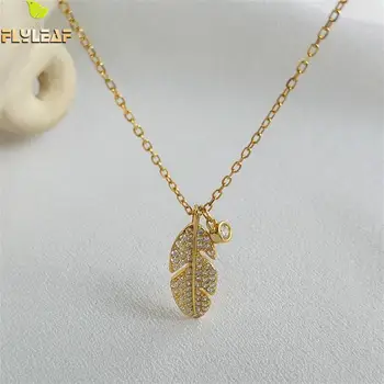 

Flyleaf Gold Chain Leaves Cubic Zirconia Necklaces & Pendants Real 925 Sterling Silver Necklace For Women Fashion Fine Jewelry