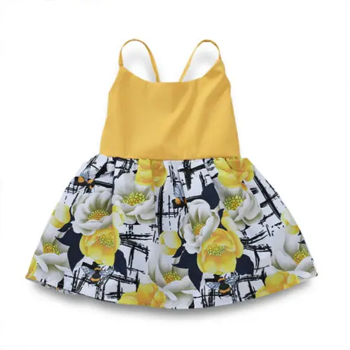 

Toddler Newborn Baby Girl Kids Dress Mini Casual Dress Infant Summer Yellow Suspenders Backless Bow Flower Sundress