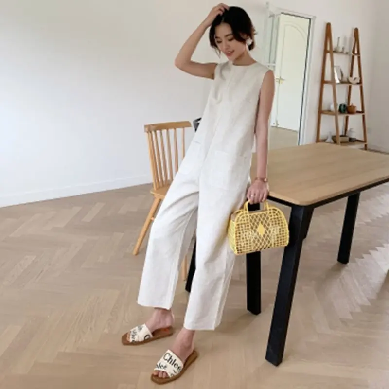 Japan Style Casual Office Ladies Elegant Summer Jumpsuit WomenLoose Straight Plain Simple Beige Travel Beach Female Rompers