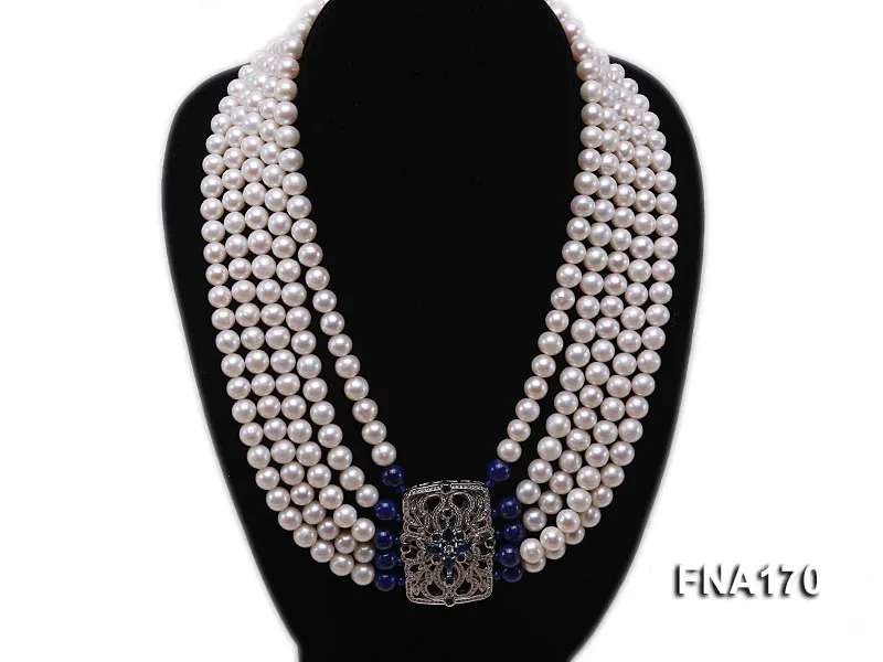 

Top Quality Pearl Jewellery,7-8mm 5rows 8mm Blue Lapis White Freshwater Pearl Necklace 17-21inches Chirstmas Women Gift
