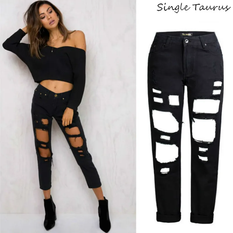 Fly Year-uk Women Hollow Out Ripped Hole Distressed Jeans Boyfriend Style Tight Pants