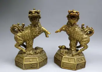 

China brass sculpture Town house copper Feng Shui Foo Dogs Lions pair Statue