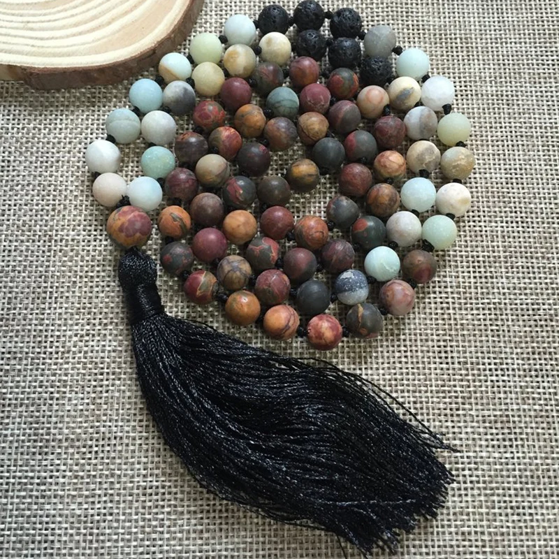 108 Mala Beads Necklace Long Matte Amazonite Picasso Natural Stone Hand Knotted Tassel Collar Mujer | Украшения и аксессуары