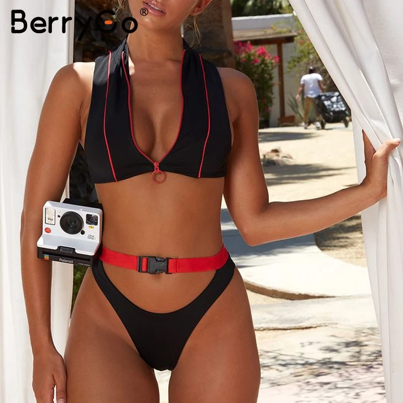 

BerryGo Sports swimwear women Zipper high waist bikinis 2019 woman Sexy swimsuit push up White bathing suit Brazil thong bikini