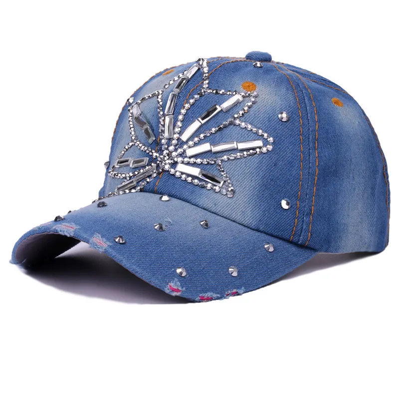 Весенне-летние бейсболки женские стеклянные сверла поношенный рваный Snapback шляпа Кепка для девочек Casquette Gorras деним заклепки кости хип хоп Кепка