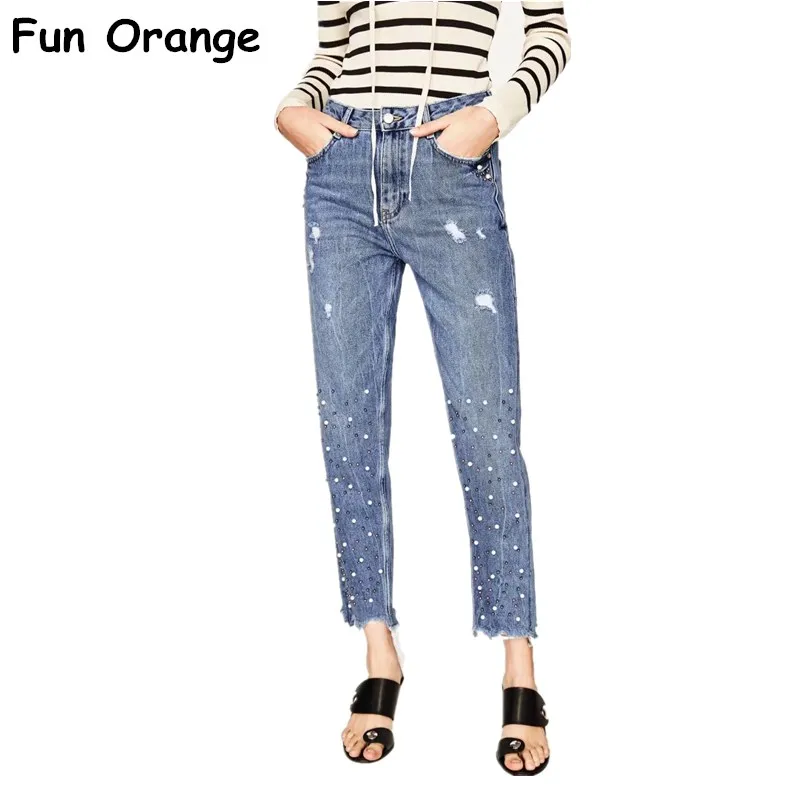 Invierno Mujeres Perlas Naranja Inferior Vaqueros Alta Diversión Mujer Azul Bolsillo Cielo Streetwear Denim 2017 Borlas Casual Cintura Pantalones 7pZd5qx