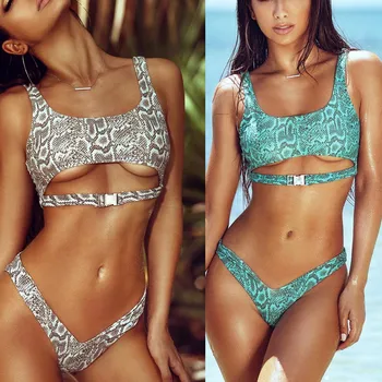 

New Women Serpentine 2019 Buckle Sexy Swimsuit Push Up Bathers Swimwear V Bottom High Cut Bikini Bathing Suit Beach Bikini Set
