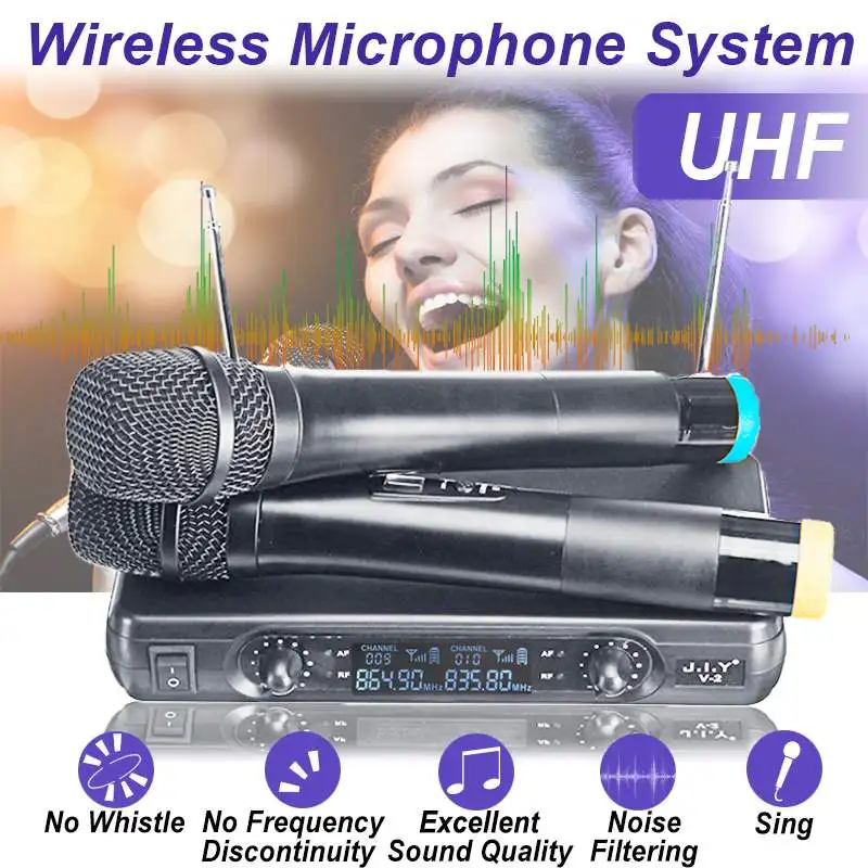 

Professional UHF Wireless Microphone 2 Channel 2 Handheld Mic One for Two V-segment Microphone Amplification for Karaoke System