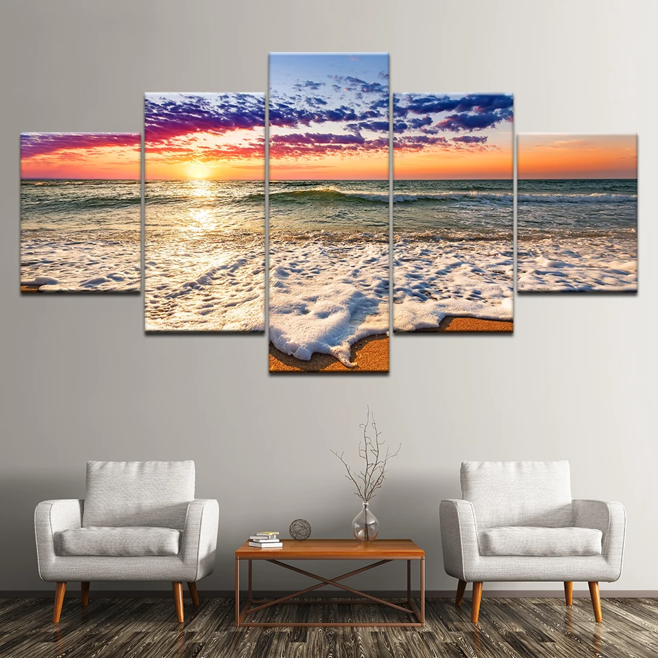 Modular Canvas Wall Art HD Prints Pictures 5 Pieces Sea Wave Beach Sunset Seascape Paintings Living Room Decor Posters Framework