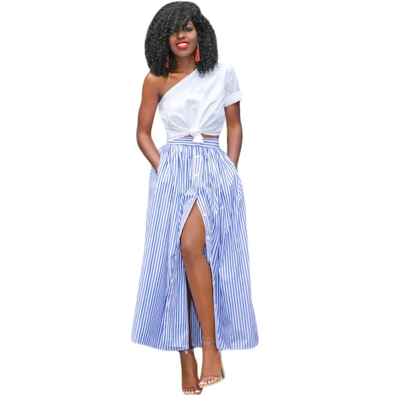Blue white stripes ladies skirt maxi eleagnt button front with pockets
