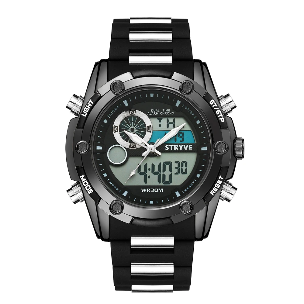 

STRYVE Top Brand Mens Watch 2019 Back Light Silicon Luxury Sport Watch for Man Date Week Silicon GMT Alarm Week Digital Quartz