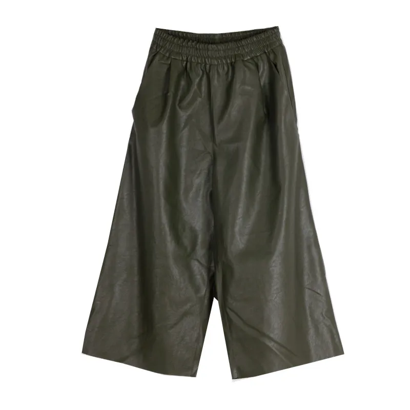 Новые осенние модные черно-зеленые широкие штаны из искусственной кожи с эластичной резинкой на талии YD9031