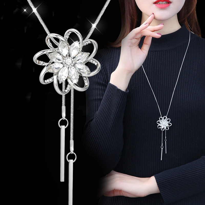 

Meyfflin Flower Choker Necklaces for Women Fashion Silver Color Chain Long Necklaces & Pendants Zirconia Jewelry Vintage Bijoux