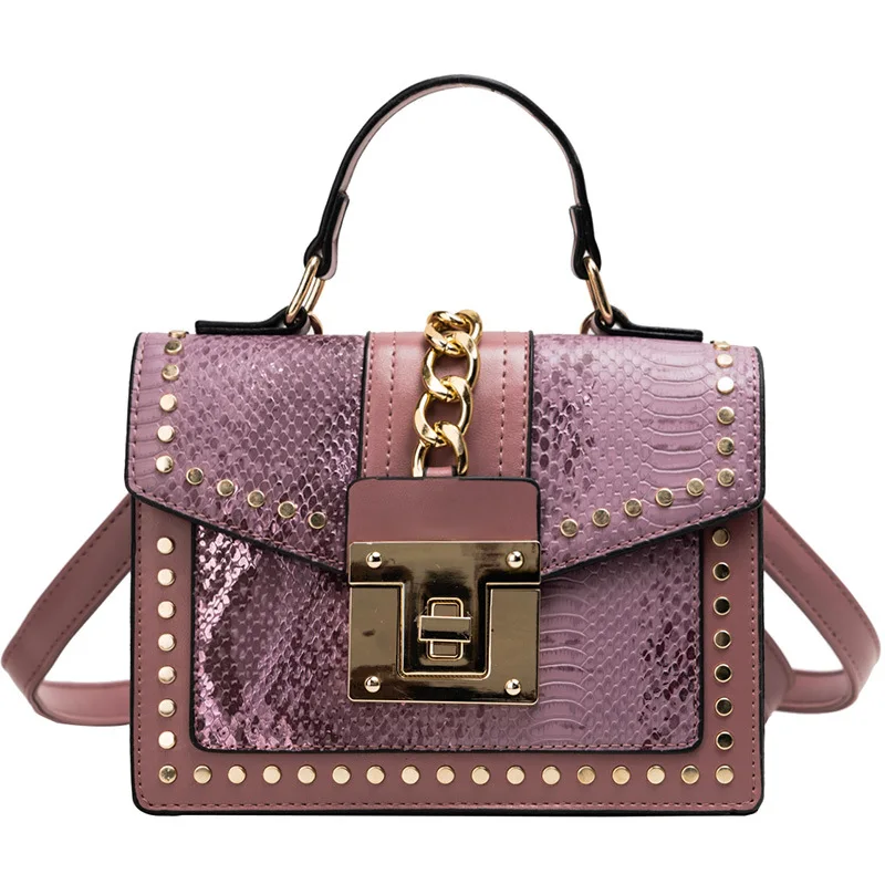 

Handheld small bag female 2019 new personality snake pattern rivet slant shoulder bag