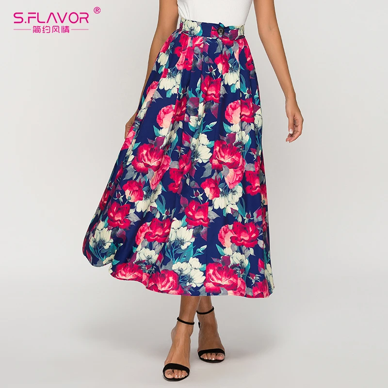 

S.FLAVOR Mid Waist Floral Printed Autumn Skirts 2019 New Arrival Single Button Long Skirts For Female Bohemian Skirts