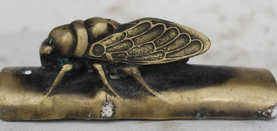 

2" China Chinese Fengshui Bronze cicada Bamboo Content is happiness Statue