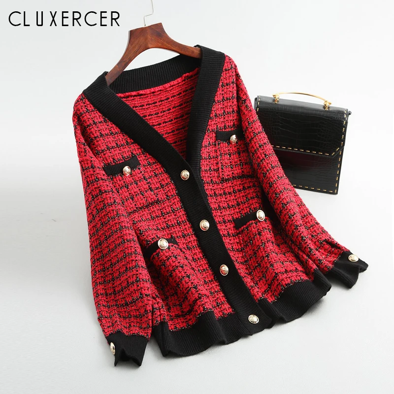 

High Quality 2019 New Runway Designer Plaid Tweed Jacket Women Long Sleeve V Neck Single Breasted Woolen Jacekt Coat