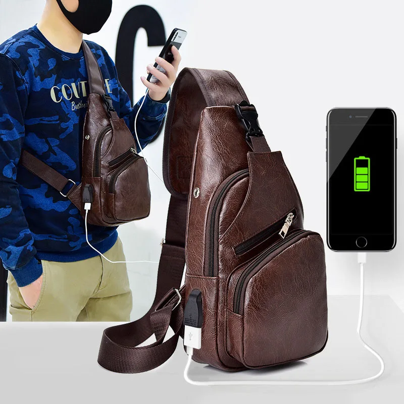 

PU Brand Casual Messenger Bag men's Fashion Chest Bag men's Casual USB Charging Section Messenger Bag men's Travel Shoulder Bag