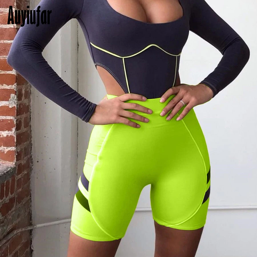 

Auyiufar Neon Green Women's Cycing Shorts High Waist Skinny Holographic Spandex Orange Pink 2019 Harajuku Booty Ladies Shorts