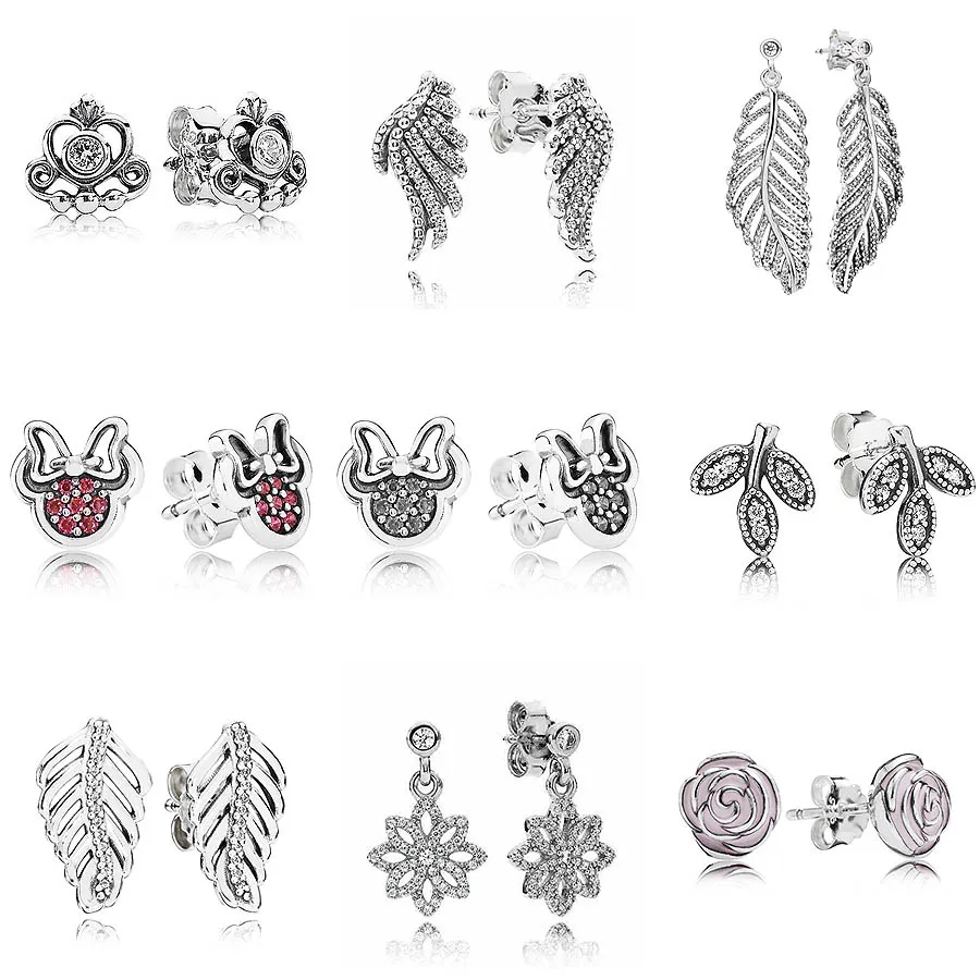 

Sparkling Statement Majestic Feathers Leaves 925 Sterling Silver Earrings Studs For Women Wedding Party Gift DIY Pandora Jewelry