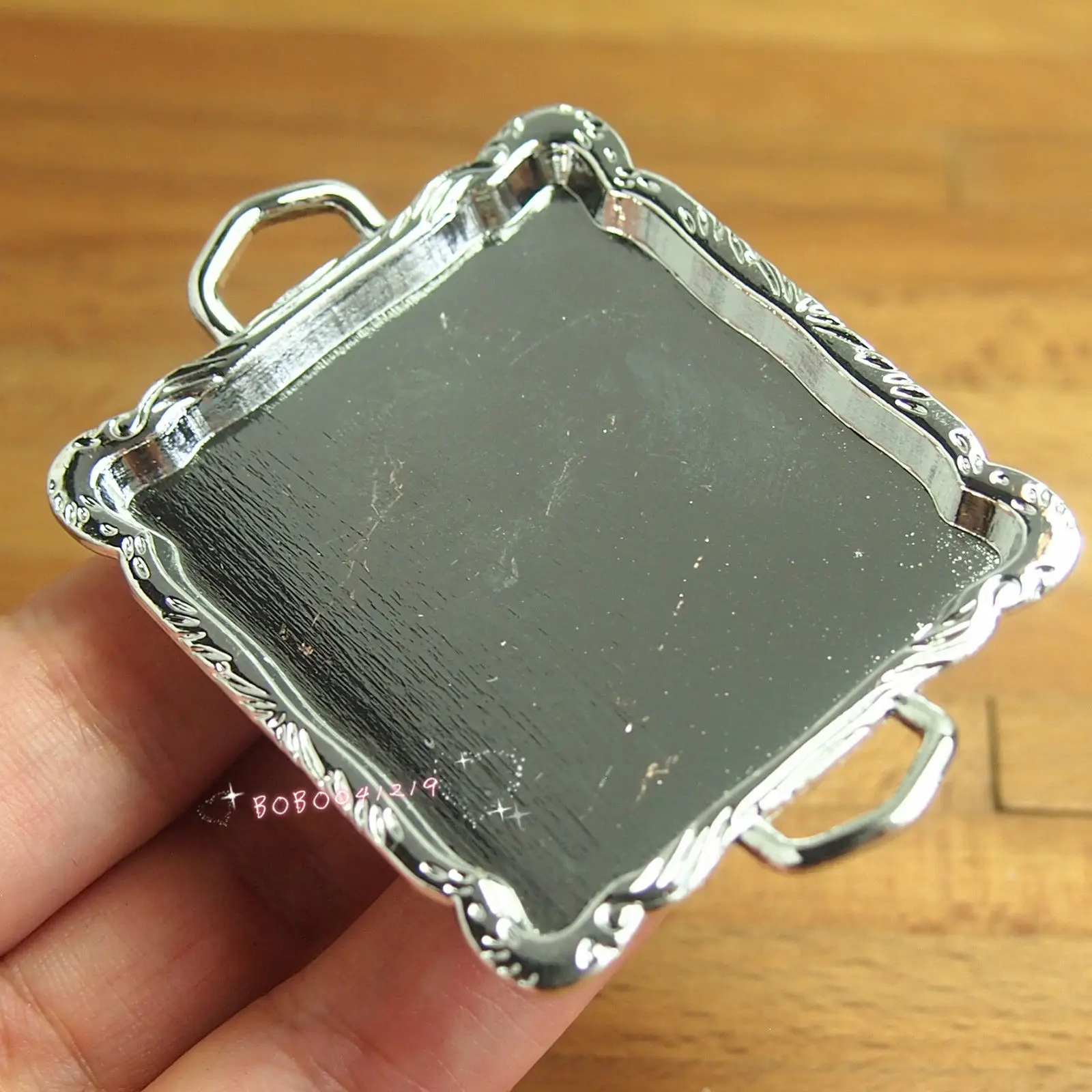 

Dollhouse Miniature Toy Kitchen Metal Silver Pattern Tray Length 6.7cm SPO313