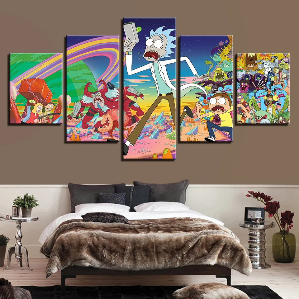 Modern Canvas Painting Framework HD Printed 5 Panel Cartoon Rick And