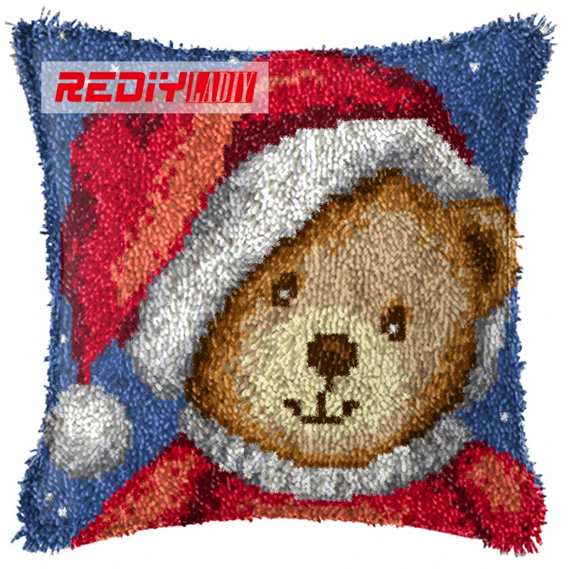 

LADIY Latch Hook Cushion Kit Yarn for Embroidery Cushion Cover Ted Santa Hat Pillow Case Crochet Cushion Decorative Pillow BZ802