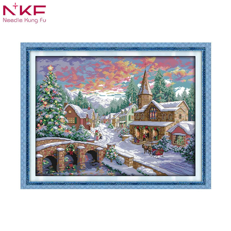 

Snowscape winter landscape home decor DIY handmade printed patterns on canvas cross-stitch kits embroidery needlework sets 14ct