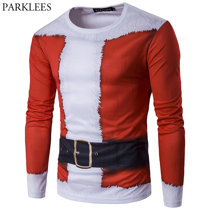 

Fake Two Pieces 3D Print Men T Shirt 2017 Santa Claus Long Sleeve Slim Fit Mens T Shirts Christmas Costume Tee Shirt Homme 2XL