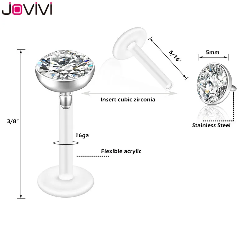 Jovivi 16G УФ гибкий акрил 3-5 мм кубический цирконий Лабрет, Монро кольцо для губ Козелка серьги-гвоздики пирсинг со штангой