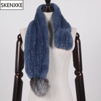 

2019 Winter Women Natural Real Rex Rabbit Fur Scarf 100% Genuine Fox Pompoms Rex Rabbit Fur Muffler Lady Warm Real Fur Scarves