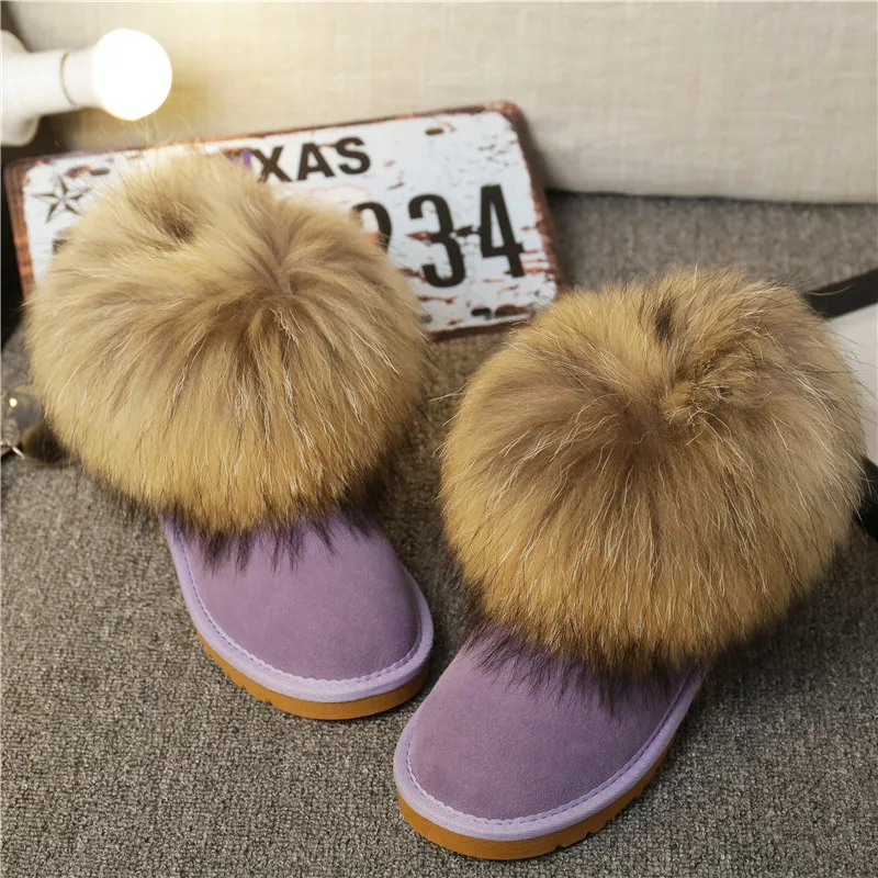 Модные женские зимние ботинки из натуральной кожи с натуральным лисьим мехом; теплые зимние ботинки; ботильоны без застежки; женские ботинки с мехом енота