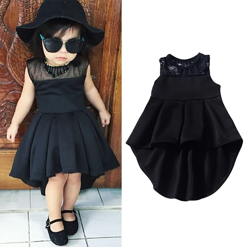 Летнее Детское черное платье принцессы для маленьких девочек однотонное праздничное платье без рукавов с необычным дизайном хлопковый сарафан для маленьких детей От 1 до 4 лет