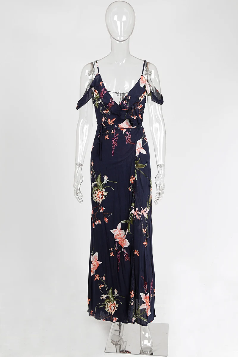 BONGOR LUSS Vintage Floral Print Women Long Bohemian Dress Wrap Casual Ruffle Frill V-Neck Short Sleeve Summer Beach Maxi Dress (22)