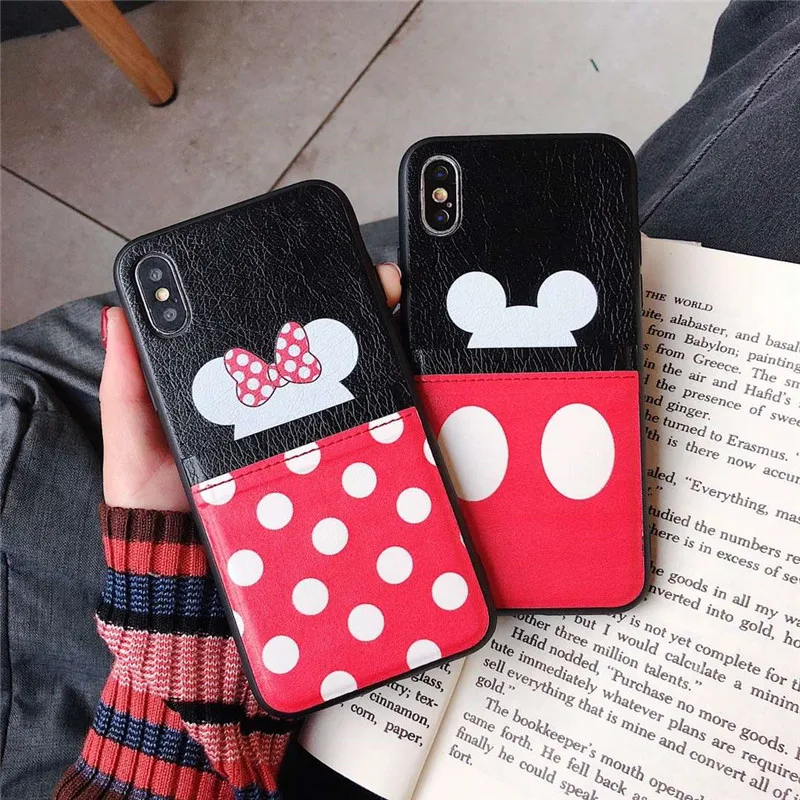 

Retro Cartoon Mickey Minnie Leather plug-in card Phone Case For iPhone 6 6S 7 8 Plus Soft TPU+PU Cover For iPhone X XS MAX XR