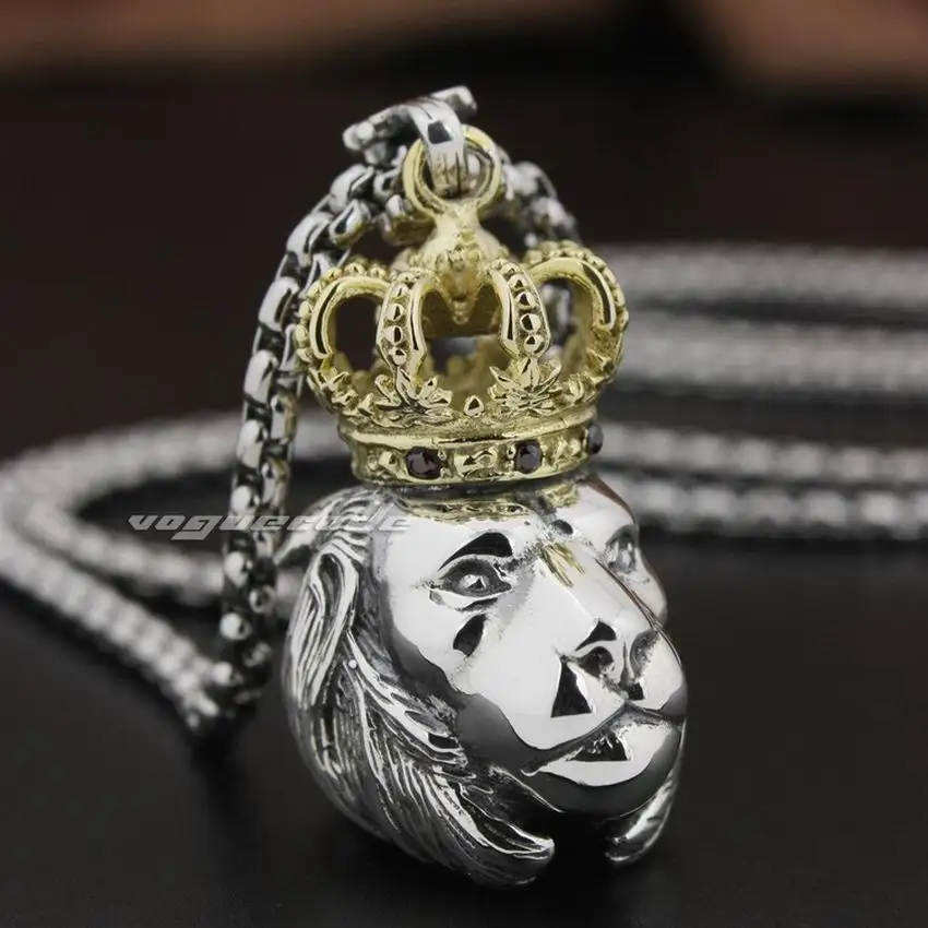 

LINSION Brass Crown 925 Sterling Silver Guardians King Lion Mens Biker Rock Punk Pendant 8P005