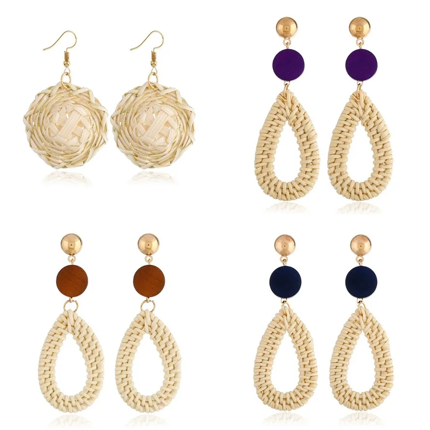 

100% Handmade Oval Acrylic Wooden Big Hollow Out Round Circle Geometry Rattan Straw Weave Drop Earrings for Women best gift 2019