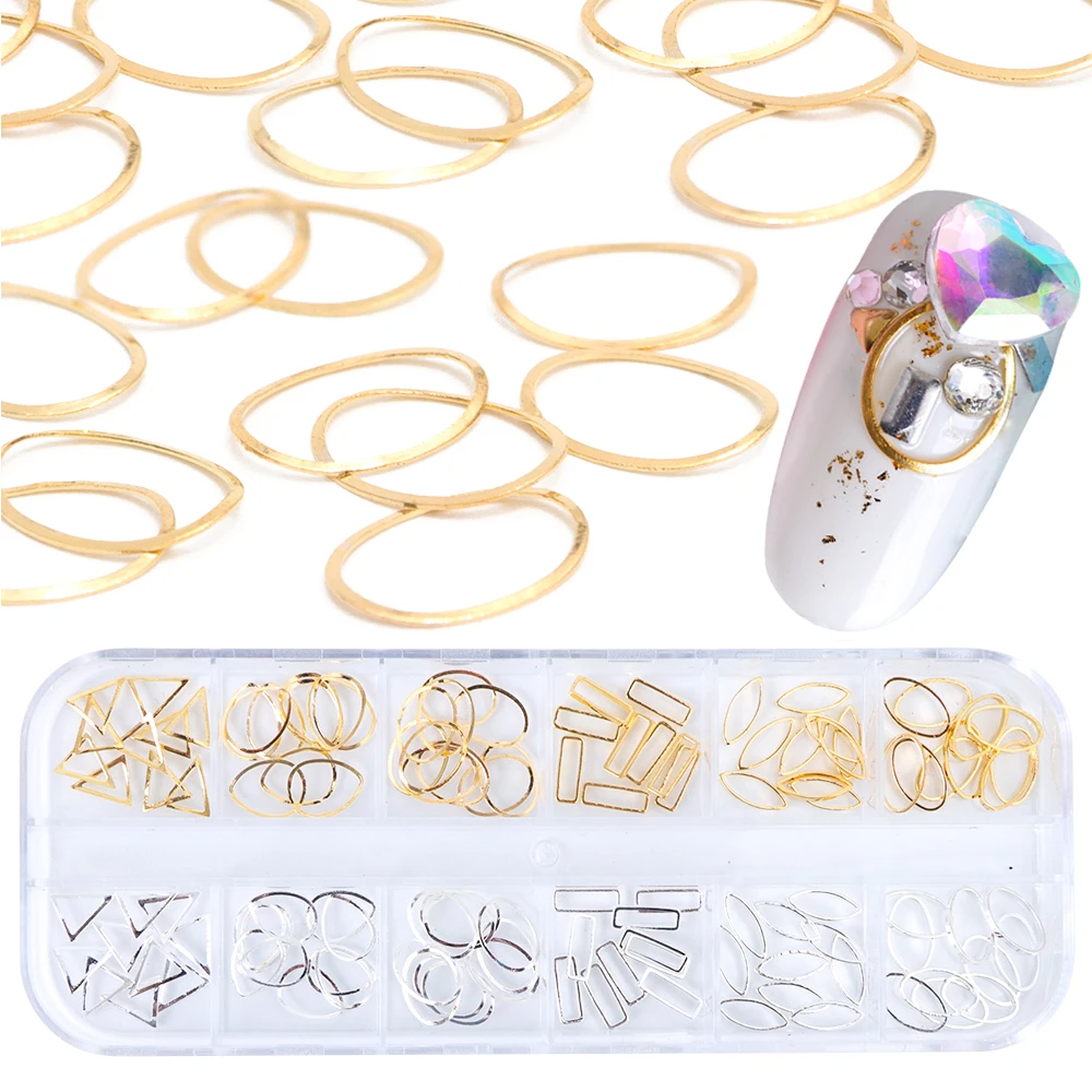 

1 Set Nail Art Rivet Studs Decorations Hollow Silver Gold Ring Circle Triangle Rectangle Metal 3D Nail Art Accessorories JI695